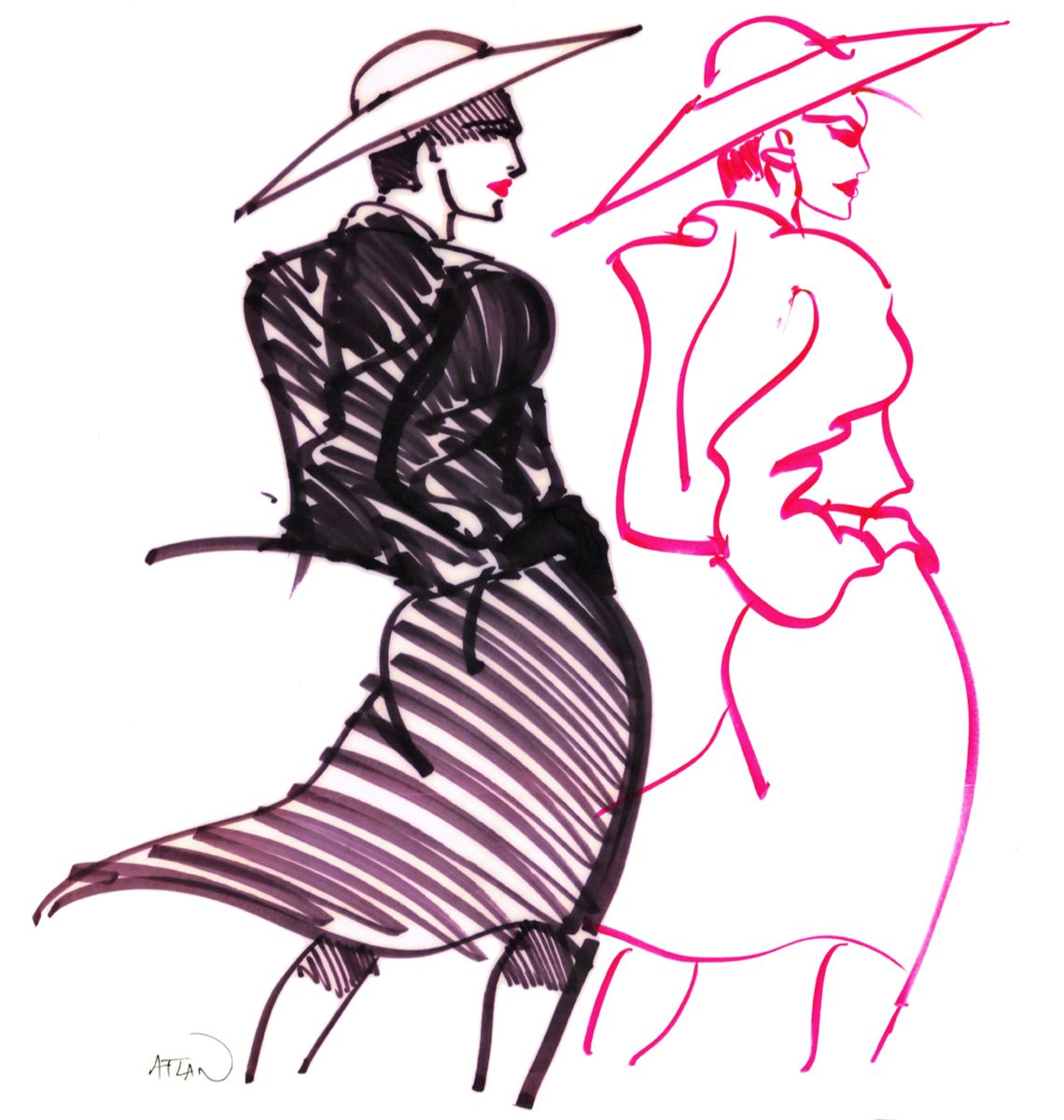 2 femmes. Encres et feutre sur papier 40x40cm.