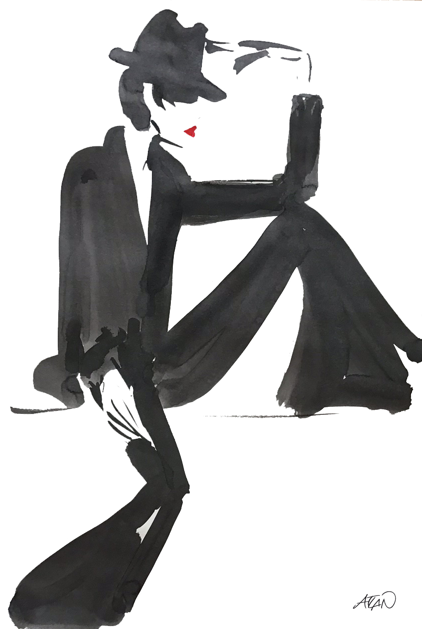 Assise au chapeau. Encres sur papier 40x60cm.