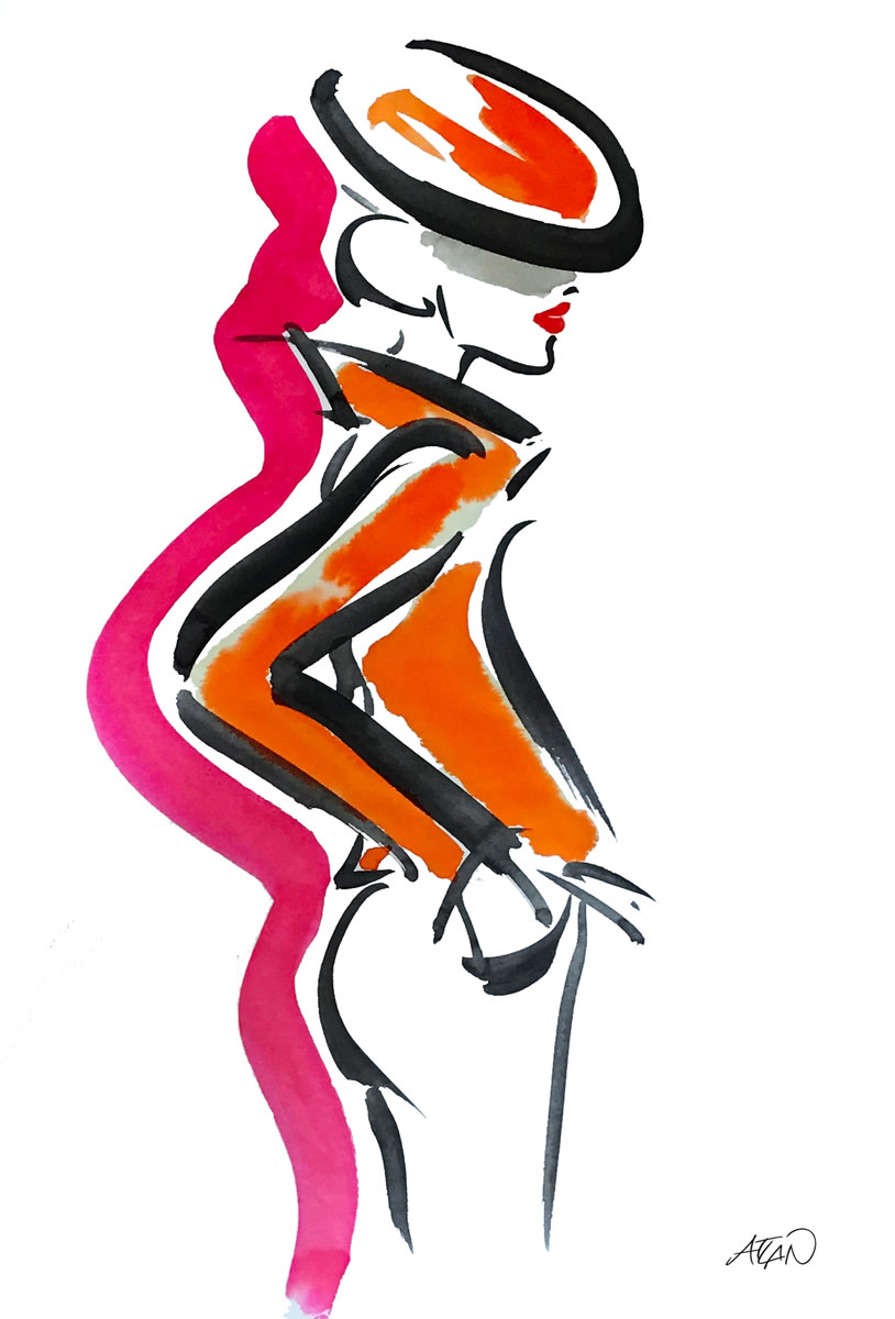 Blouson orange. Encres sur papier 40x60cm.
