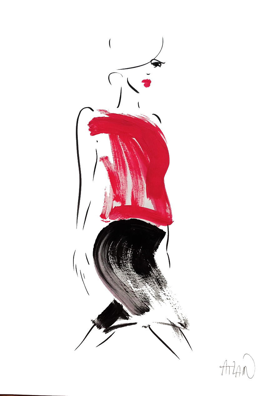 Jupe noir et haut rouge. Encres sur papier 40x60cm.
