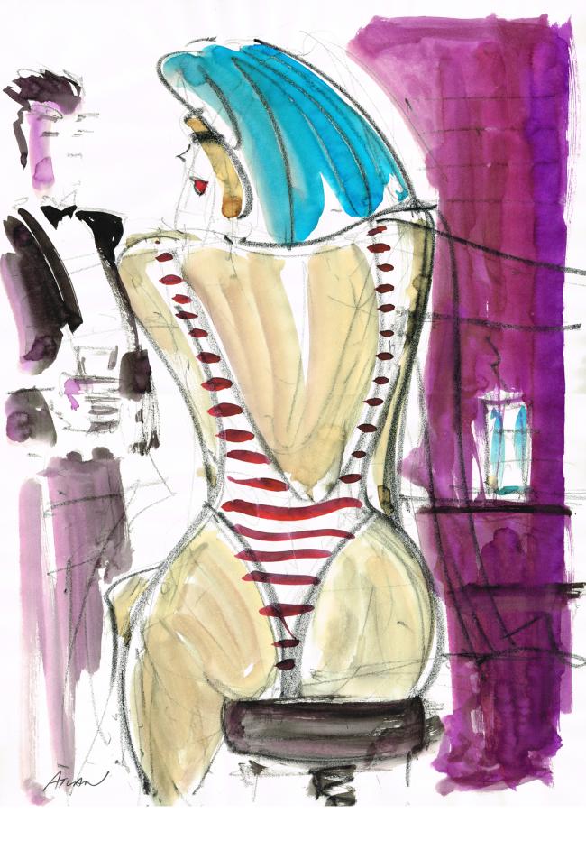Fille au bar. Encres et pastel sur papier 40x60cm.