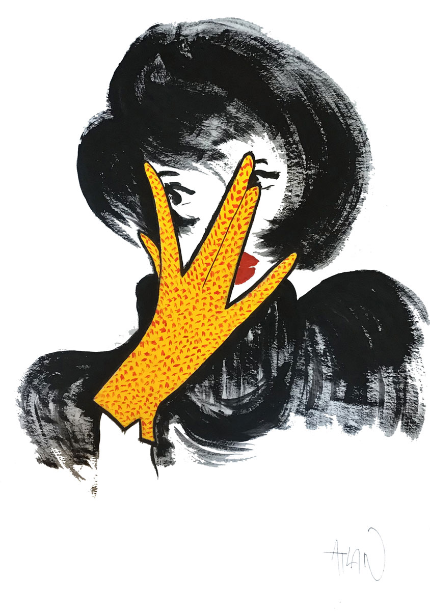 Le gant jaune. Encres sur carton 40x60cm.