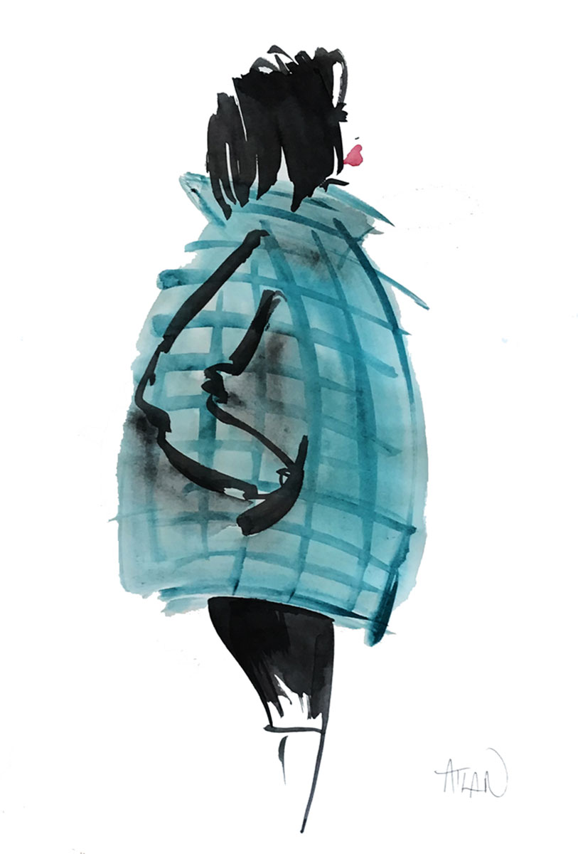 Manteau bleu. Encres sur papier 40x60cm.