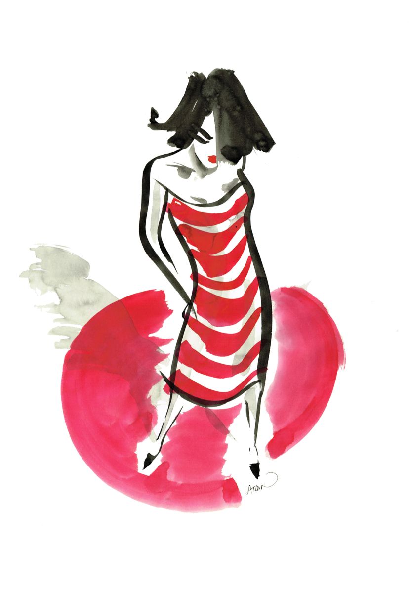 Robe à rayures rouges. Encres sur papier 40x60cm.