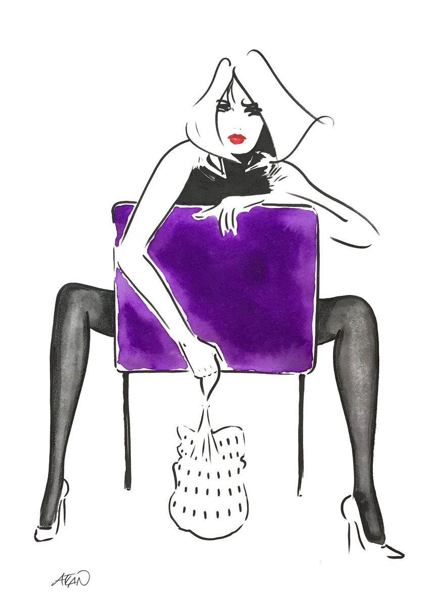 Sac et chaise violette. Acrylique sur papier 40x60cm.