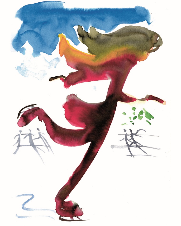 Patineuse. Encres sur papier 30x20cm. Projet pour couverture Megève sur la terre magazine.