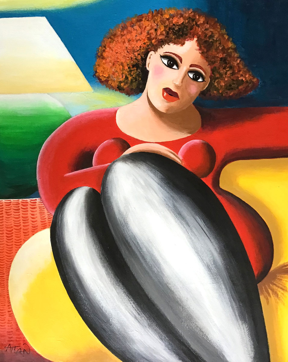 Femme au canapé jaune. Acrylique sur toile 90x70cm.